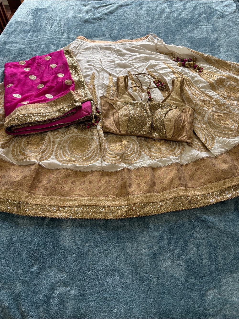 Gold, white and Pink Embellished Lehenga Set with Sequined Blouse